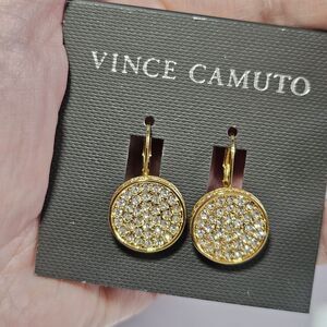Vince Camuto Gold Tone Pave Circle Lever Back Earrings